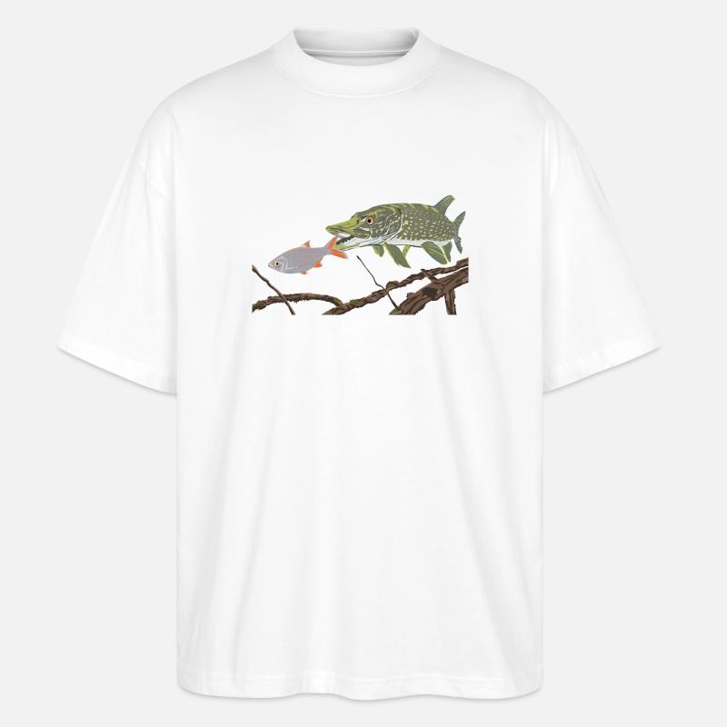 Ein Hecht jagt eine Rotfeder  - Stanley/Stella Oversized Unisex Bio T-Shirt Blaster 2.0 - Weiß