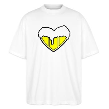Ein Herz für Bier - Bierherz - Stanley/Stella Oversized Unisex Bio T-Shirt Blaster 2.0 - Weiß - Vorne - Alina (178cm) & Michal (187cm)