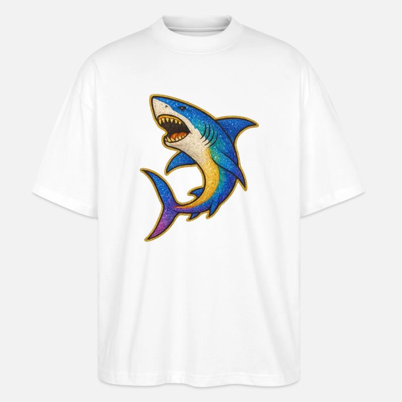 Hai | Rainbow Shark Patch Art - Stanley/Stella Oversized Unisex Bio T-Shirt Blaster 2.0 - Weiß