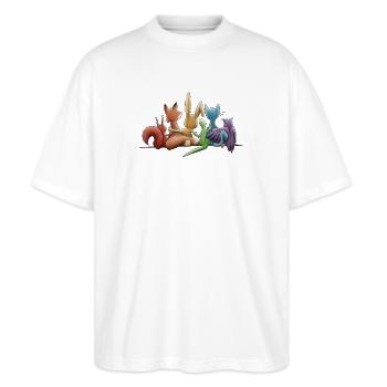 Regenbogen Tiere für Toleranz und Vielfalt - Stanley/Stella Oversized Unisex Bio T-Shirt Blaster 2.0 - Weiß - Vorne - Alina (178cm) & Michal (187cm)