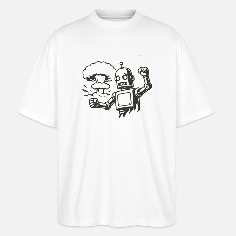 Robot rétro devant un nuage d’explosion - T-shirt bio Blaster 2.0 coupe oversize Stanley/Stella Unisexe - blanc