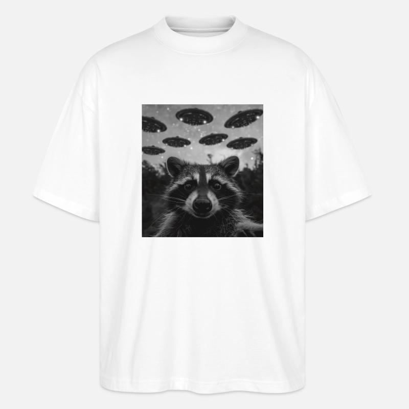 Waschbär Selfie mit Alien UFO - Stanley/Stella Oversized Unisex Bio T-Shirt Blaster 2.0 - Weiß