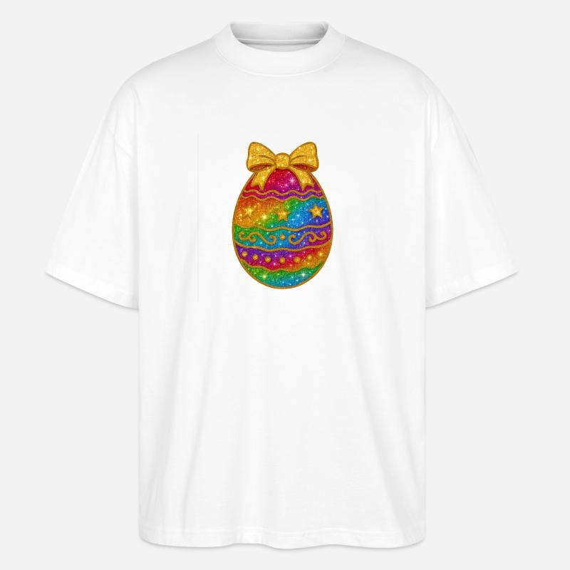 Rainbow Glitter Egg with Bow - Stanley/Stella Oversized Unisex Organic T-shirt Blaster 2.0 - white