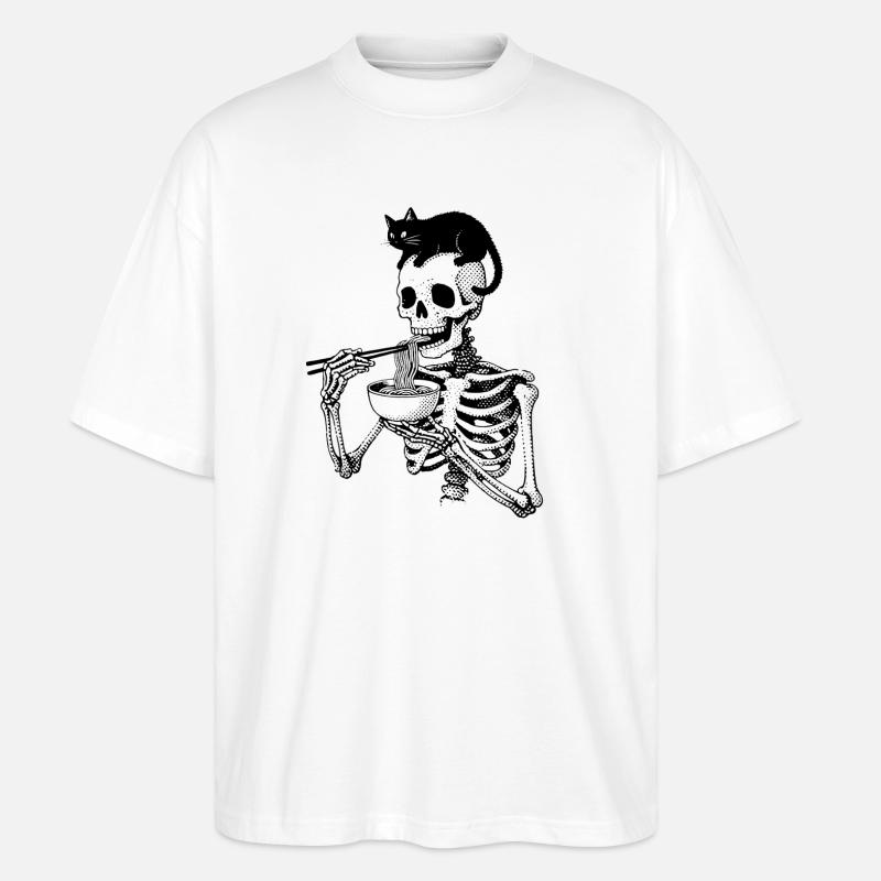 Ramen skeleton with cat on skull - Stanley/Stella Oversized Unisex Organic T-shirt Blaster 2.0 - white