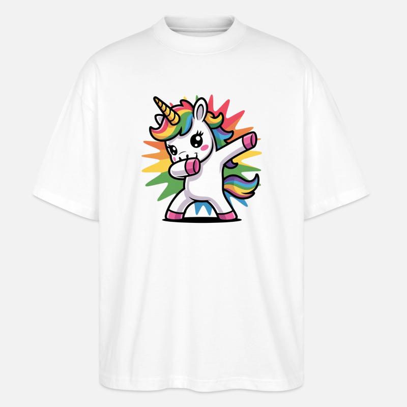 Buntes Einhorn mit Regenbogen-Mähne - Stanley/Stella Oversized Unisex Bio T-Shirt Blaster 2.0 - Weiß