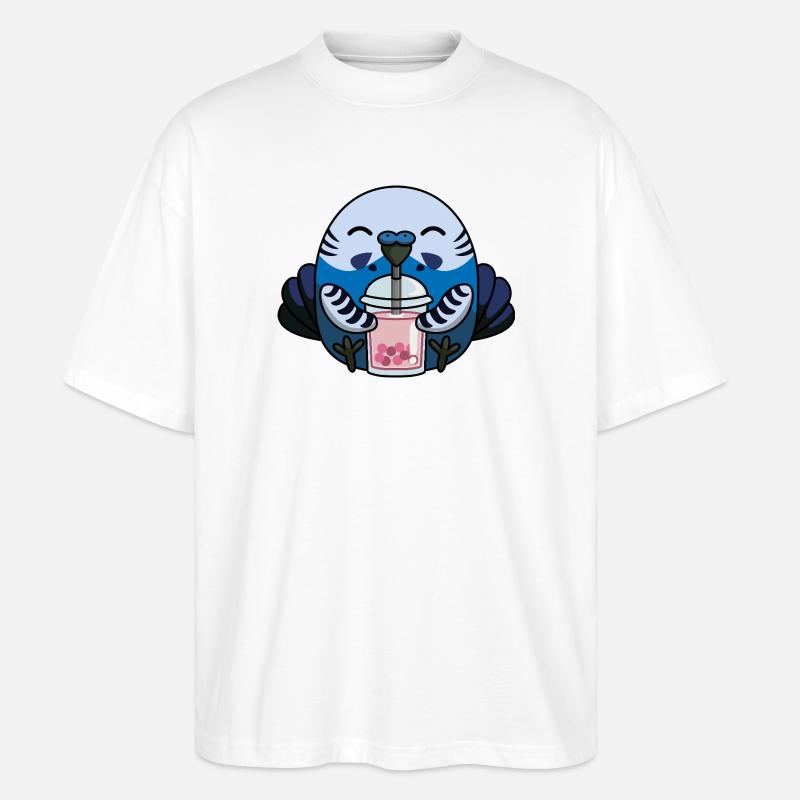 Blauer Wellensittich Vogel mit Bubble Tea - Stanley/Stella Oversized Unisex Bio T-Shirt Blaster 2.0 - Weiß
