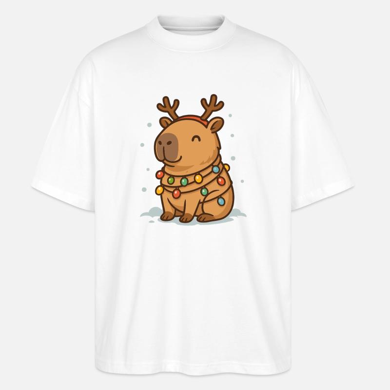 ✨ Rentier-Capybara mit Lichterkette 🎄 - Stanley/Stella Oversized Unisex Bio T-Shirt Blaster 2.0 - Weiß