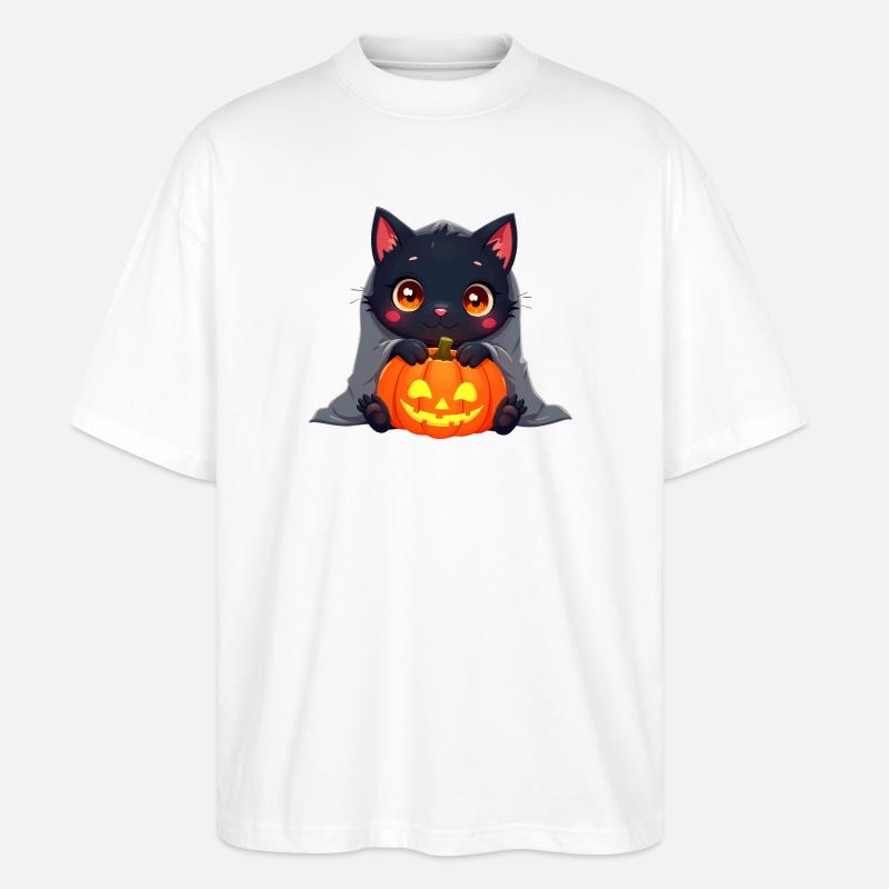 Chat d’Halloween avec citrouille d’Halloween - T-shirt bio Blaster 2.0 coupe oversize Stanley/Stella Unisexe - blanc