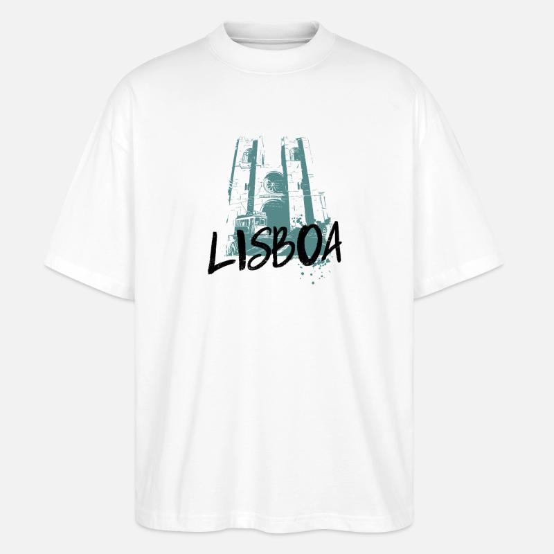 Tramway et cathédrale, Lisbonne illustration bleue - T-shirt bio Blaster 2.0 coupe oversize Stanley/Stella Unisexe - blanc