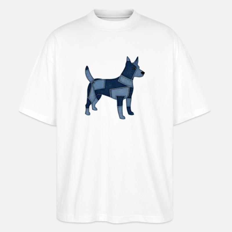 Patchwork Hund aus Jeansstoff - Stanley/Stella Oversized Unisex Bio T-Shirt Blaster 2.0 - Weiß