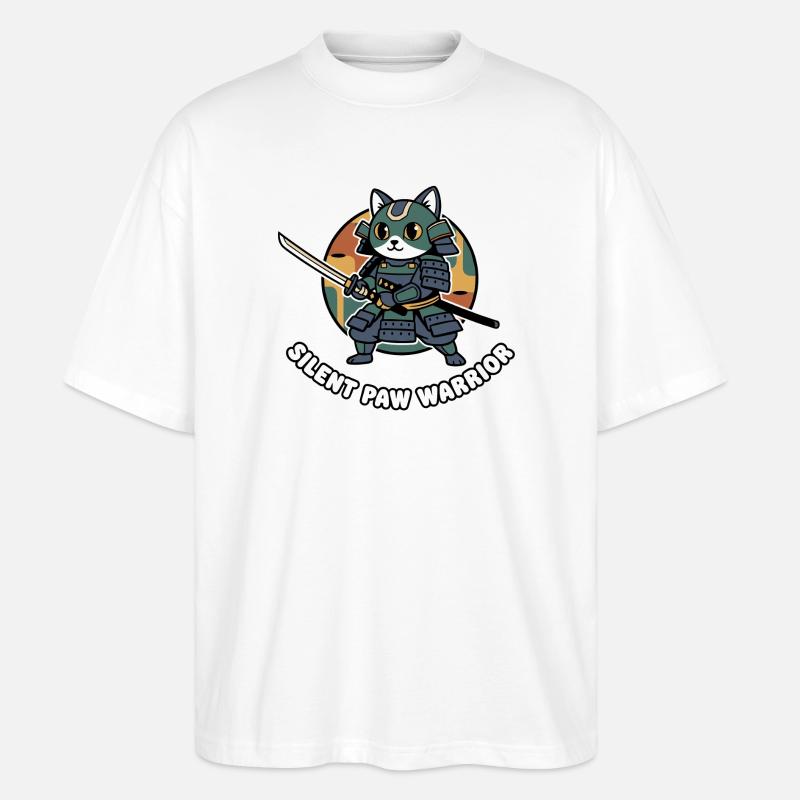 Stiller Pfoten Samurai-Krieger Katze - Stanley/Stella Oversized Unisex Bio T-Shirt Blaster 2.0 - Weiß