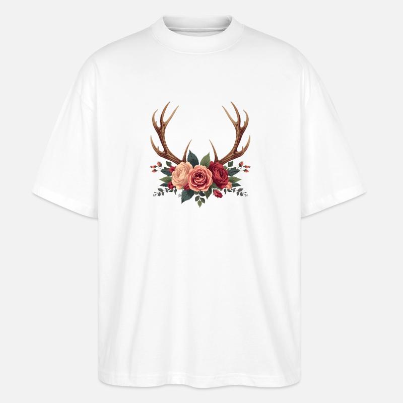 Hirschgeweih & Rosen - Boho Nature Design - Stanley/Stella Oversized Unisex Bio T-Shirt Blaster 2.0 - Weiß
