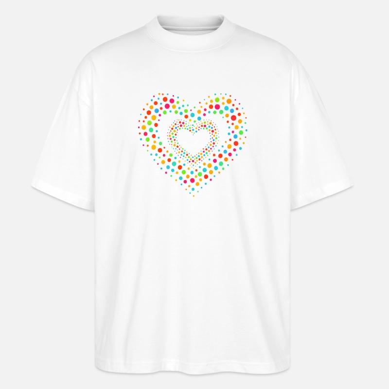 Rainbow Dot Heart Pattern Tee - Stanley/Stella Oversized Unisex Organic T-shirt Blaster 2.0 - white