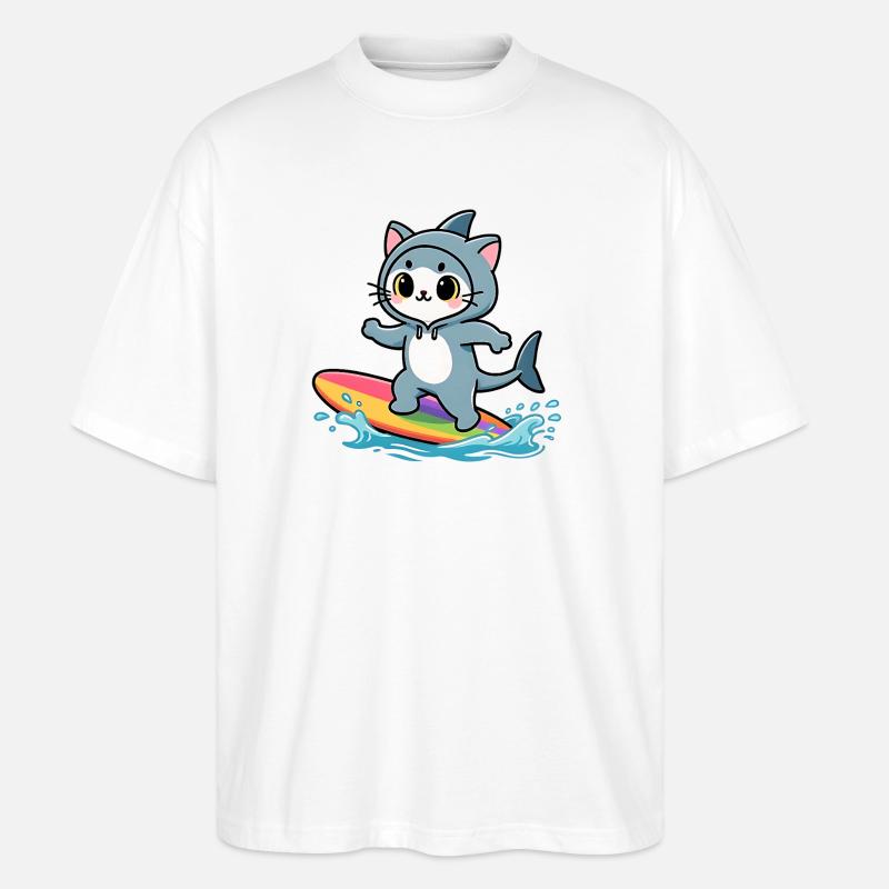 Haikatze auf Regenbogen-Surfbrett - Stanley/Stella Oversized Unisex Bio T-Shirt Blaster 2.0 - Weiß
