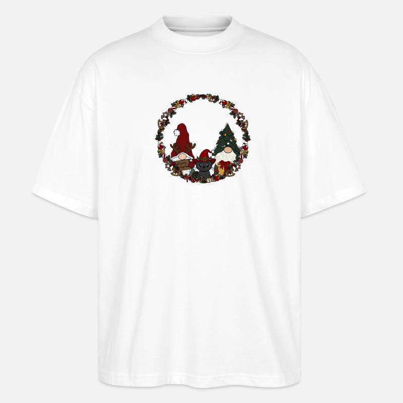 Wichtel mit Katze  im Weihnachtskranz - Stanley/Stella Oversized Unisex Bio T-Shirt Blaster 2.0 - Weiß