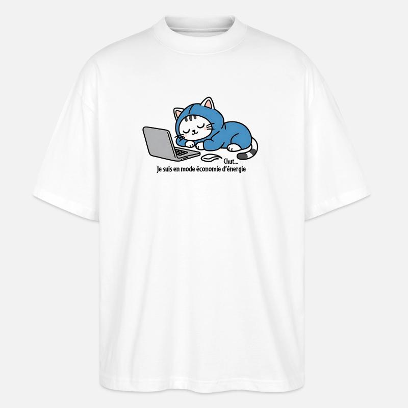 Katze im blauen Kapuzenpullover auf Laptop - Stanley/Stella Oversized Unisex Bio T-Shirt Blaster 2.0 - Weiß