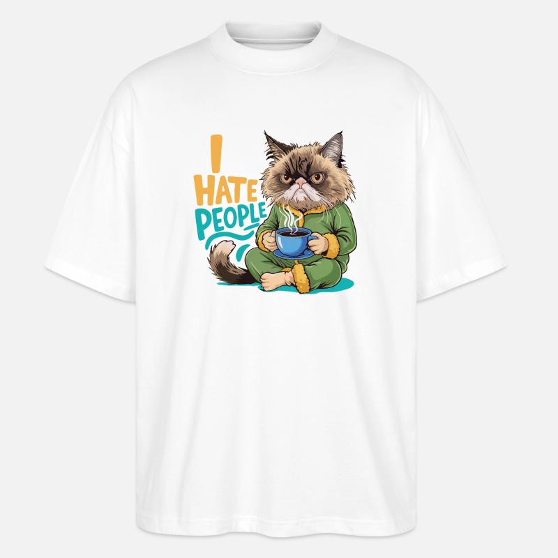 Chat Café Matin Grouch Drôle Introverti - T-shirt bio Blaster 2.0 coupe oversize Stanley/Stella Unisexe - blanc