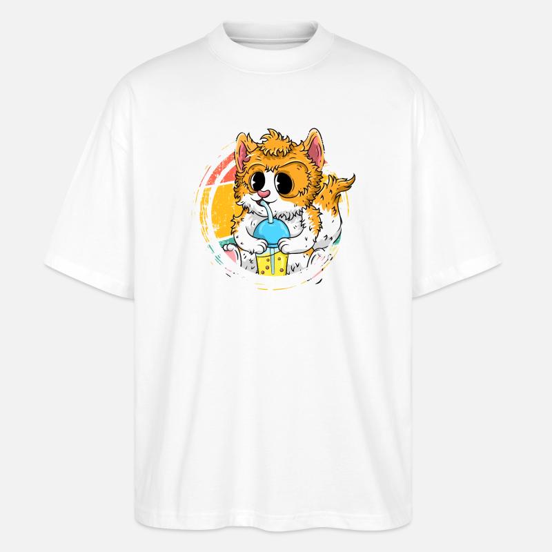 Chat Anime Mignon avec Bubble Tea - T-shirt bio Blaster 2.0 coupe oversize Stanley/Stella Unisexe - blanc