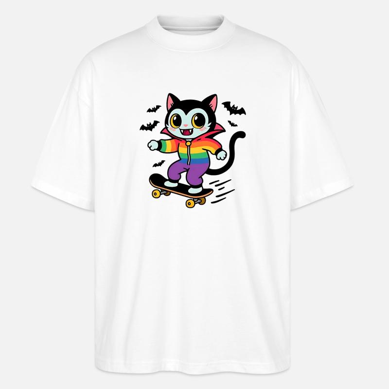 Regenbogen Vampir Katze Skateboarden - Stanley/Stella Oversized Unisex Bio T-Shirt Blaster 2.0 - Weiß