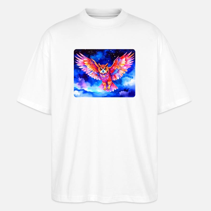 Bunter Uhu vor Sternenhimmel - Stanley/Stella Oversized Unisex Bio T-Shirt Blaster 2.0 - Weiß