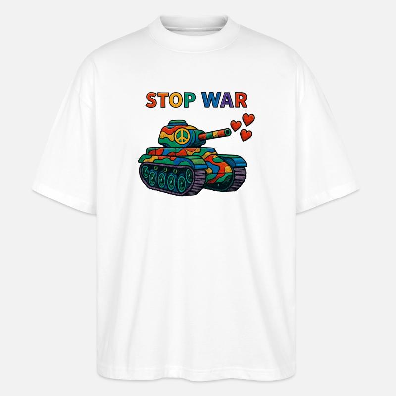 Regenbogen Panzer mit Peace-Zeichen – STOP WAR - Stanley/Stella Oversized Unisex Bio T-Shirt Blaster 2.0 - Weiß