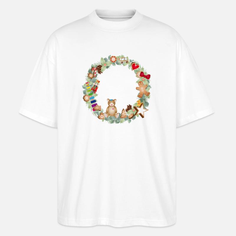 Bunter Weihnachtskranz mit Spielzeug und Lebkuchen - Stanley/Stella Oversized Unisex Bio T-Shirt Blaster 2.0 - Weiß