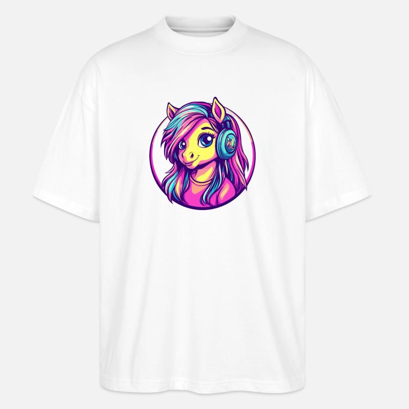 Neonpony mit Kopfhörer – bunte Cartoon-Pony - Stanley/Stella Oversized Unisex Bio T-Shirt Blaster 2.0 - Weiß