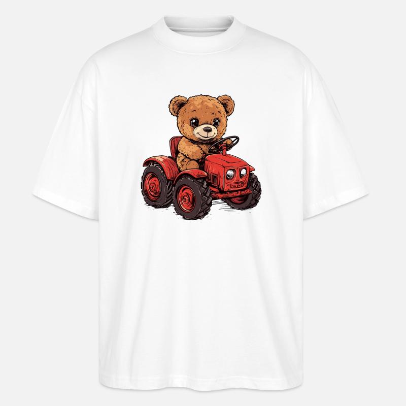Teddy bear on red tractor - Stanley/Stella Oversized Unisex Organic T-shirt Blaster 2.0 - white