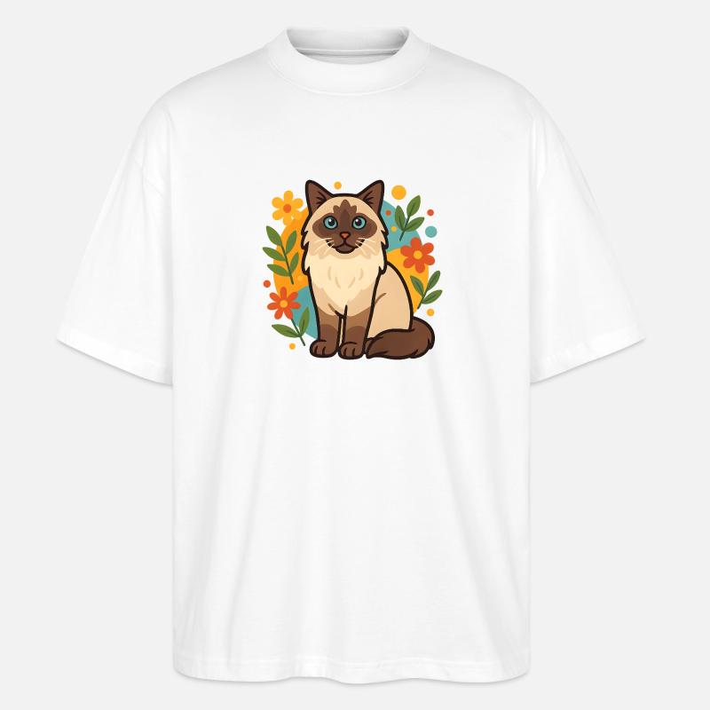Chat Ragdoll avec cercle de fleurs - T-shirt bio Blaster 2.0 coupe oversize Stanley/Stella Unisexe - blanc