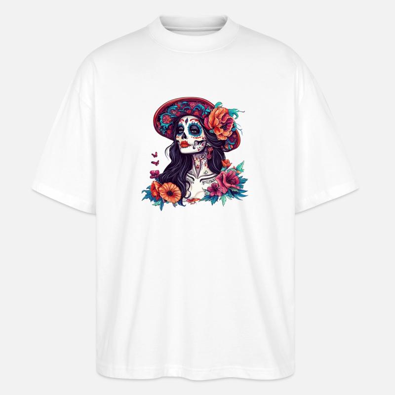 Zuckerschädel mit Blumenhut - Stanley/Stella Oversized Unisex Bio T-Shirt Blaster 2.0 - Weiß