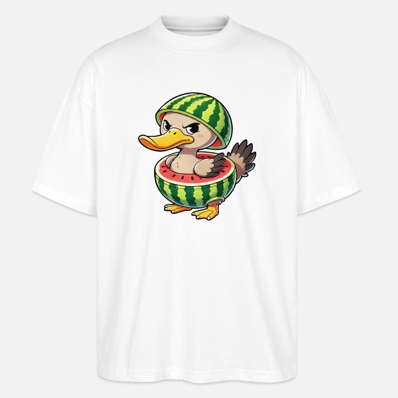Grumpy duck with watermelon summer design - Stanley/Stella Oversized Unisex Organic T-shirt Blaster 2.0 - white