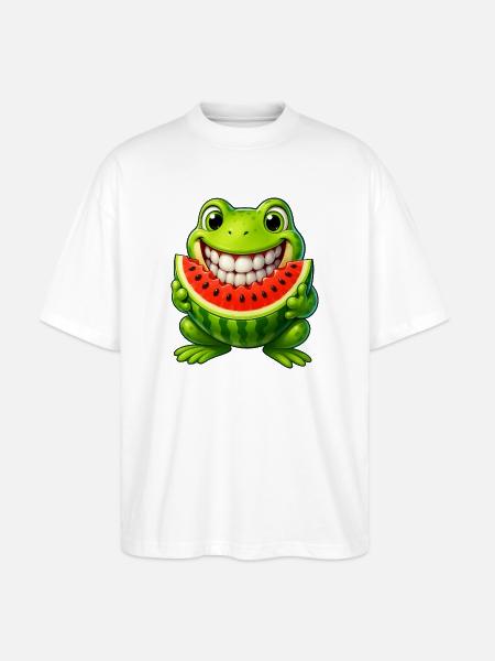 Cheerful frog toad with watermelon summer - Stanley/Stella Oversized Unisex Organic T-shirt Blaster 2.0 - white