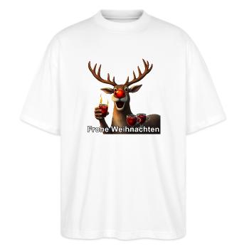 Rentier Mit Glühwein Frohe Weihnachten - Stanley/Stella Oversized Unisex Bio T-Shirt Blaster 2.0 - Weiß - Vorne - Alina (178cm) & Michal (187cm)