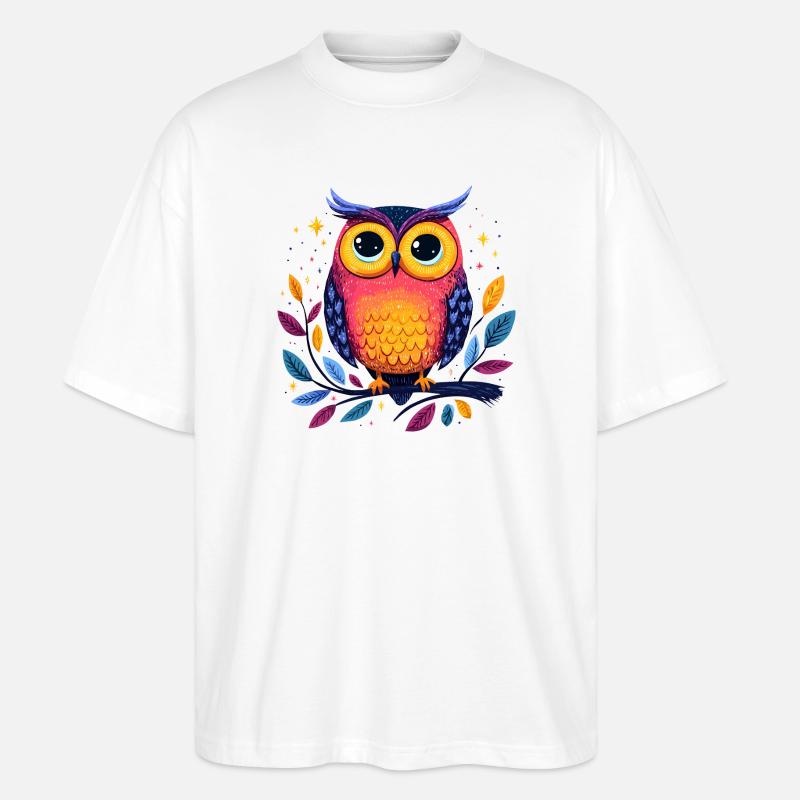 Bunte Eulenillustration auf Ast - Stanley/Stella Oversized Unisex Bio T-Shirt Blaster 2.0 - Weiß
