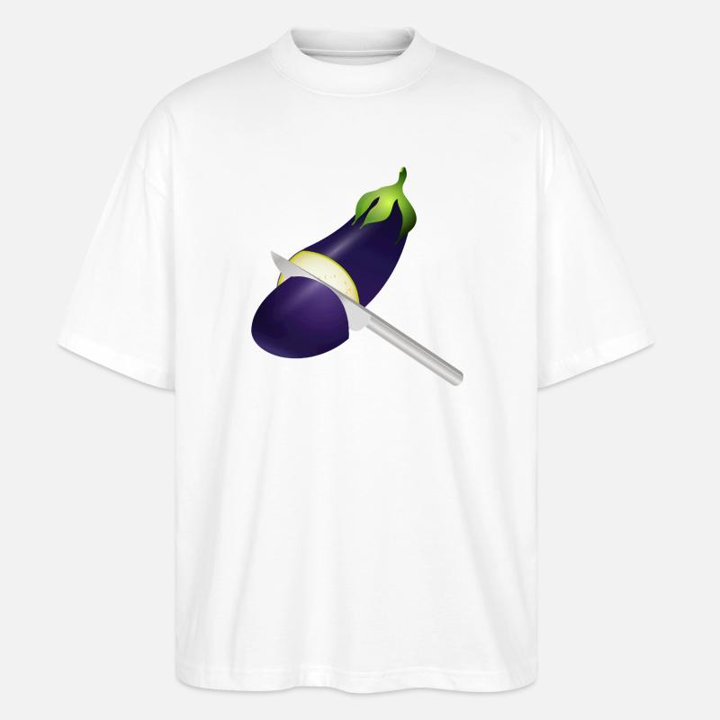 Leuchtende Aubergine mit Küchenmesser - Stanley/Stella Oversized Unisex Bio T-Shirt Blaster 2.0 - Weiß
