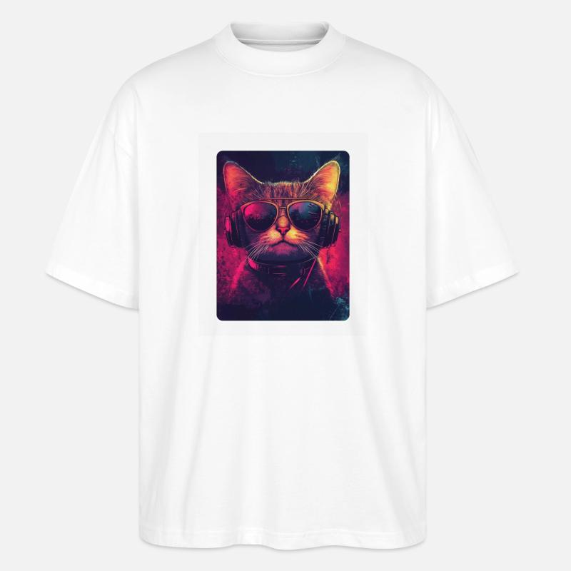 Coole DJ Katze mit Sonnenbrille - Stanley/Stella Oversized Unisex Bio T-Shirt Blaster 2.0 - Weiß