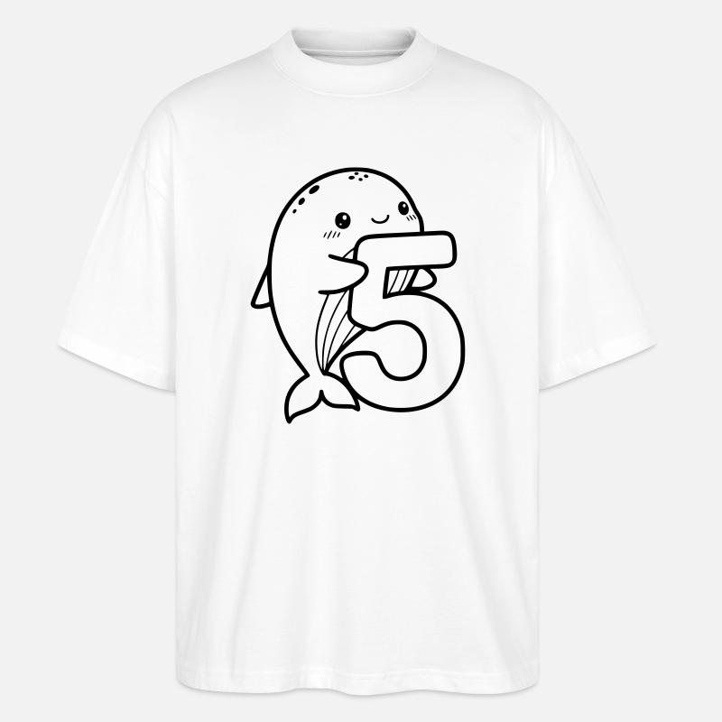 Mignonne baleine avec illustration de dessin animé numéro 5 - T-shirt bio Blaster 2.0 coupe oversize Stanley/Stella Unisexe - blanc