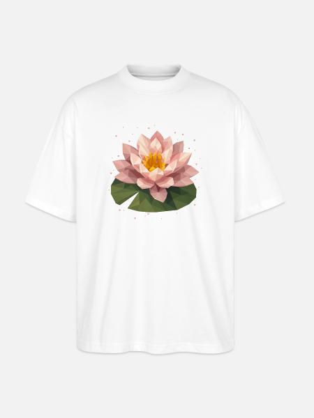 Nénuphar polygonal rose sur feuille verte - T-shirt bio Blaster 2.0 coupe oversize Stanley/Stella Unisexe - blanc