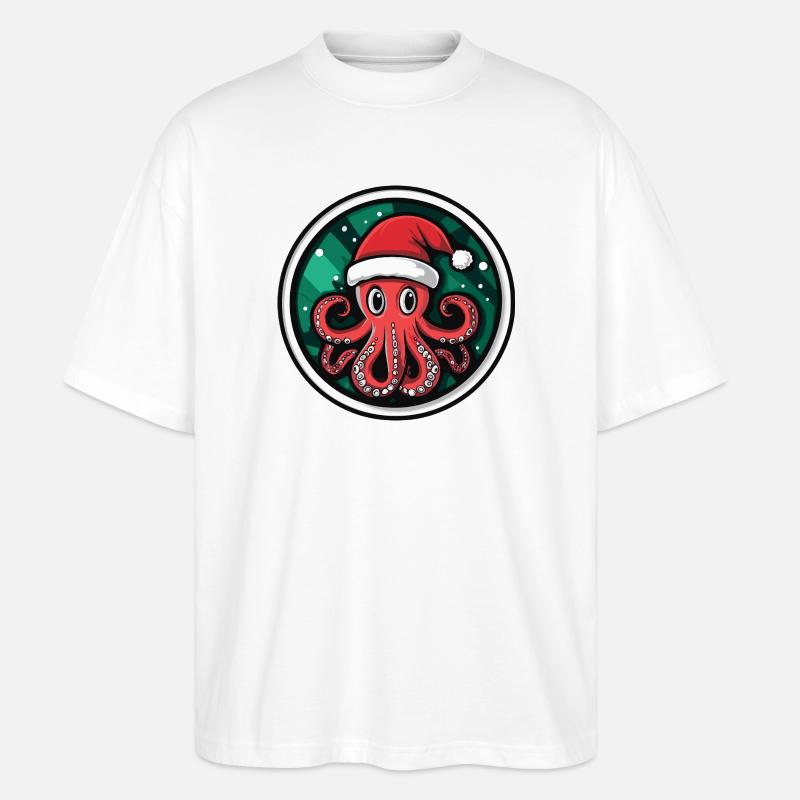 Weihnachtsoktopus mit Santa Hut - Stanley/Stella Oversized Unisex Bio T-Shirt Blaster 2.0 - Weiß