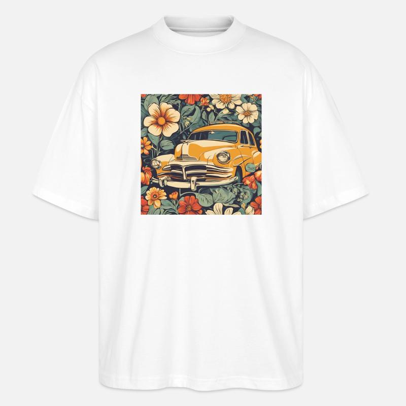 Voiture ancienne dans le cosmos fleuri - T-shirt bio Blaster 2.0 coupe oversize Stanley/Stella Unisexe - blanc