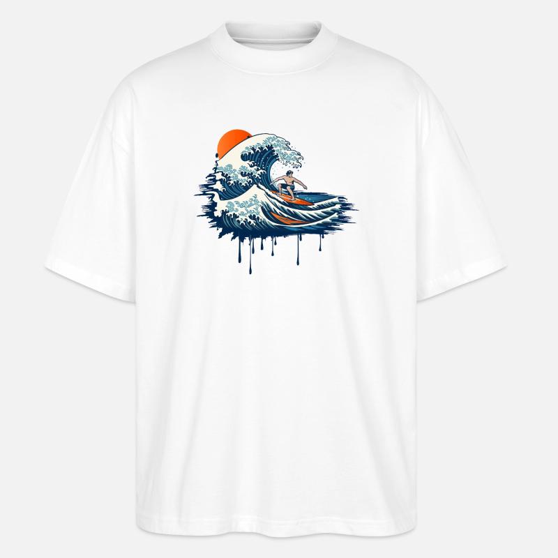 Dynamic Surf Illustration on Powerful Wave - Stanley/Stella Oversized Unisex Organic T-shirt Blaster 2.0 - white