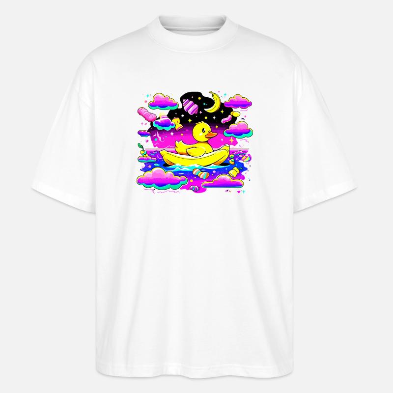 Bunte Quietscheente im Regenbogenboot - Stanley/Stella Oversized Unisex Bio T-Shirt Blaster 2.0 - Weiß