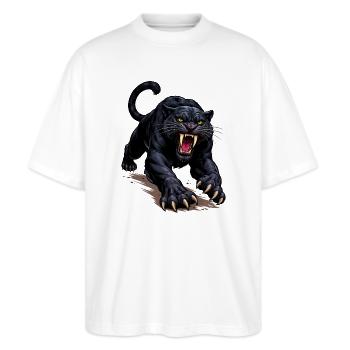 Schwarzer Panther Angriff - Stanley/Stella Oversized Unisex Bio T-Shirt Blaster 2.0 - Weiß - Vorne - Alina (178cm) & Michal (187cm)