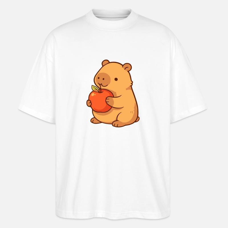 Capybara Illustration mit Apfel  - Stanley/Stella Oversized Unisex Bio T-Shirt Blaster 2.0 - Weiß