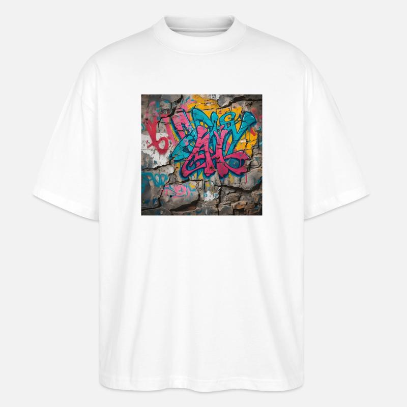 Graffitis colorés sur un mur de pierre - T-shirt bio Blaster 2.0 coupe oversize Stanley/Stella Unisexe - blanc