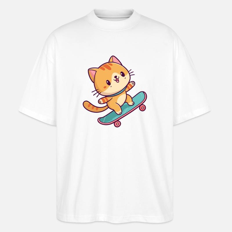 Buntes Skateboard-Kätzchen - Stanley/Stella Oversized Unisex Bio T-Shirt Blaster 2.0 - Weiß