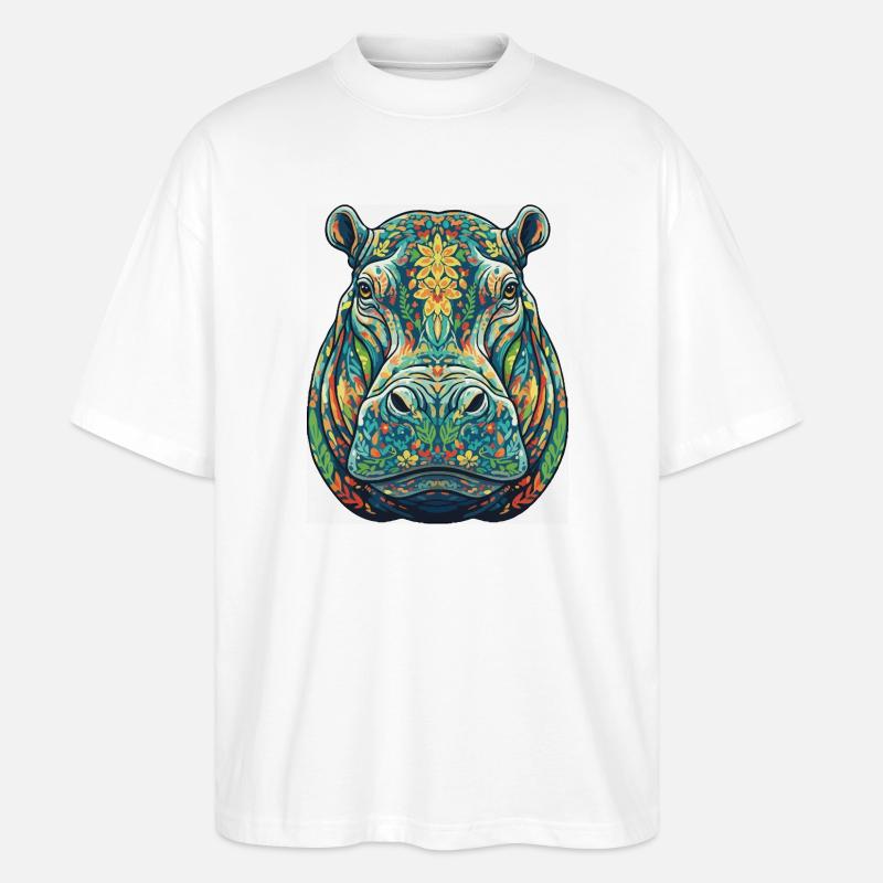 Buntes Nilpferd mit Blumen - Stanley/Stella Oversized Unisex Bio T-Shirt Blaster 2.0 - Weiß