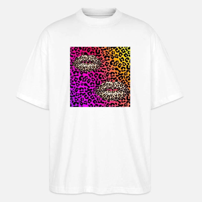 Leopard Lips on Neon Gradient - Stanley/Stella Oversized Unisex Organic T-shirt Blaster 2.0 - white