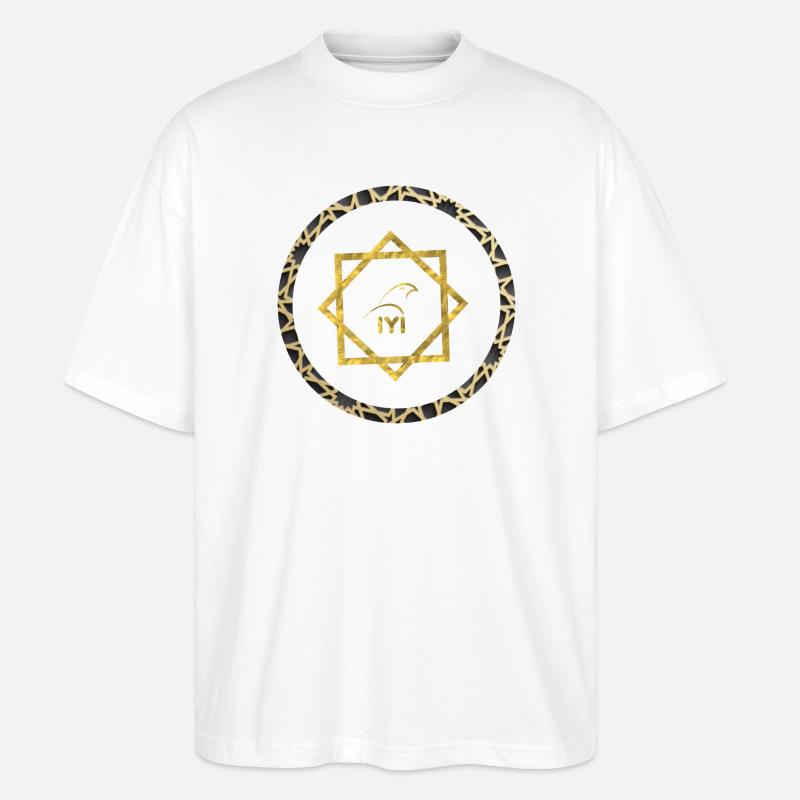 Geometrisches Goldlogo mit Musterrahmen - Stanley/Stella Oversized Unisex Bio T-Shirt Blaster 2.0 - Weiß