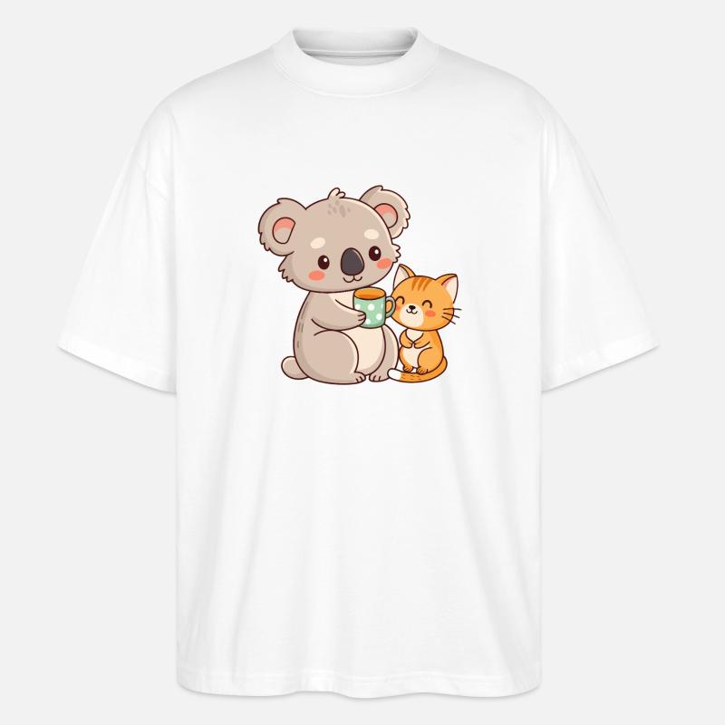 Koala et chat café mignon - T-shirt bio Blaster 2.0 coupe oversize Stanley/Stella Unisexe - blanc